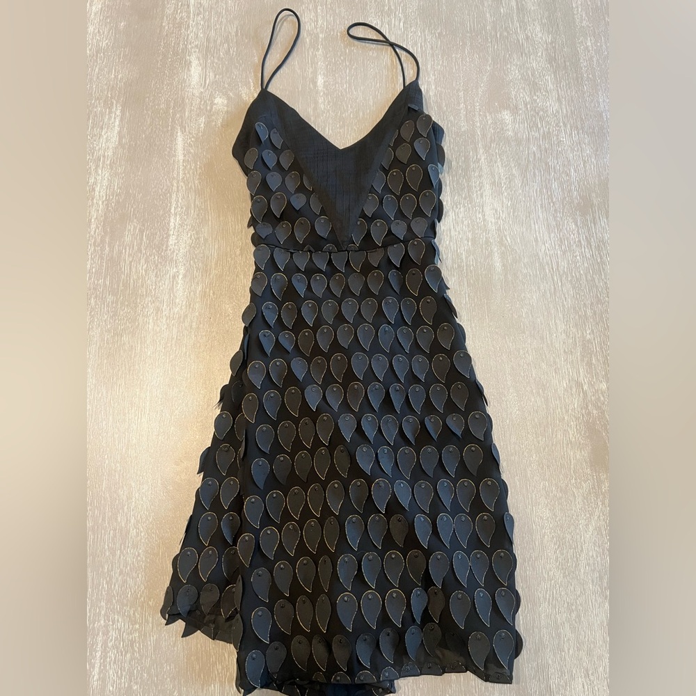 Foxiedox Black strap Dress w/ feather like leaf like appliqué gold accent small